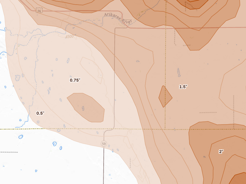 Radar-estimated hail-size map of the storm over Cope, CO on Jun 22, 2026
