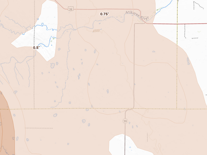 Radar-estimated hail-size map of the storm over Cope, CO on Jul 3, 2026