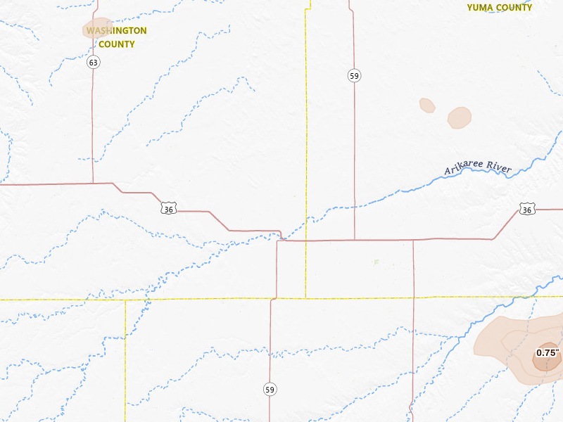 Radar-estimated hail-size map of the storm over Cope, CO on Jul 9, 2026