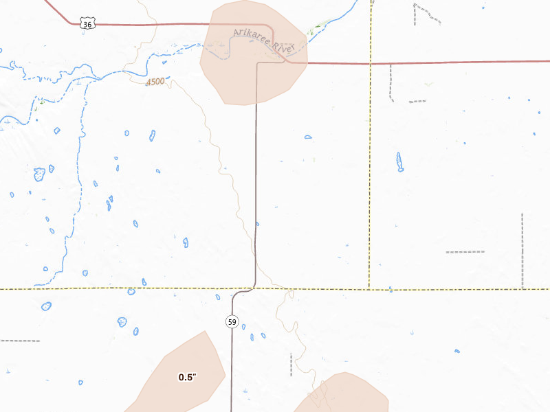 Radar-estimated hail-size map of the storm over Cope, CO on Jul 22, 2026