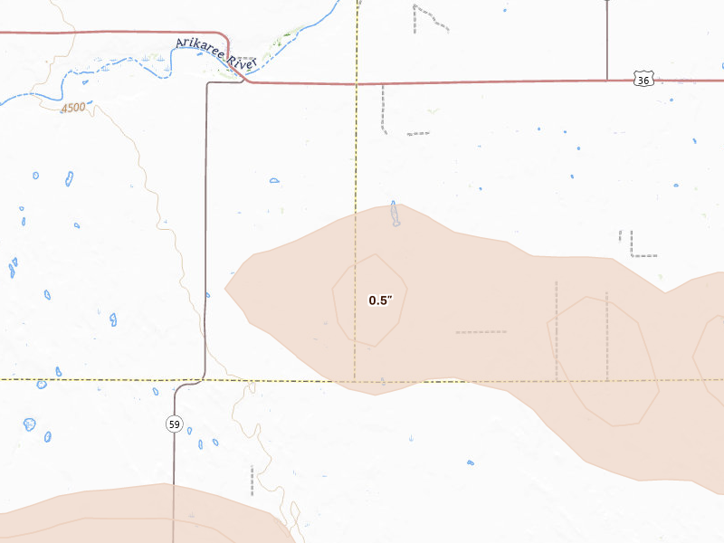 Radar-estimated hail-size map of the storm over Cope, CO on Aug 19, 2026