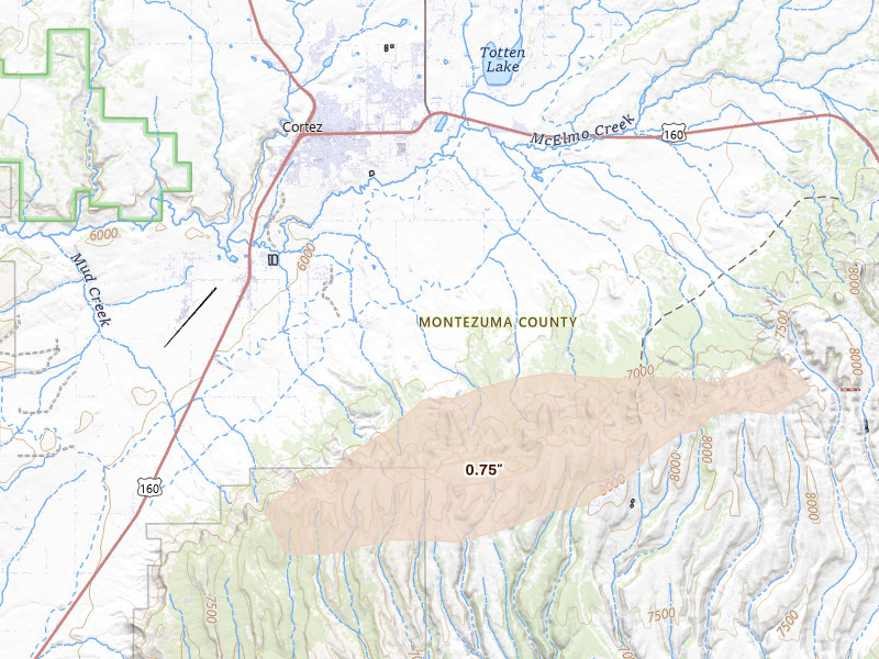 Radar-estimated hail-size map of the storm over Cortez, CO on Jun 26, 2026
