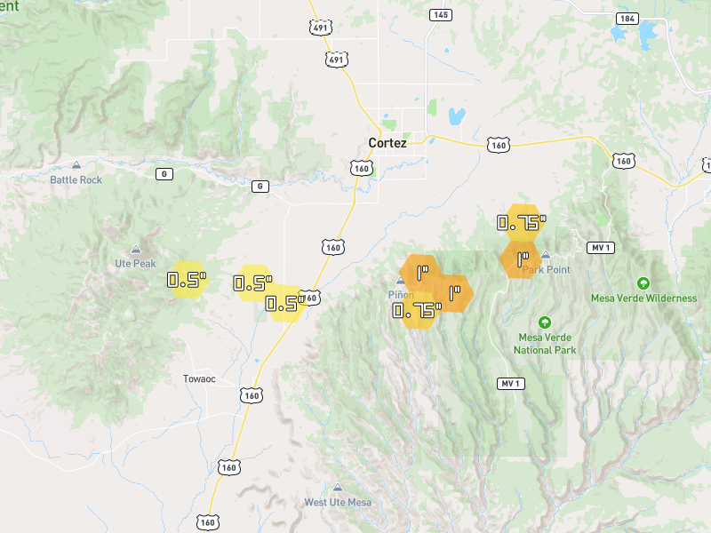 Hail map of Cortez, CO on Jun 26, 2026, hail up to 1"