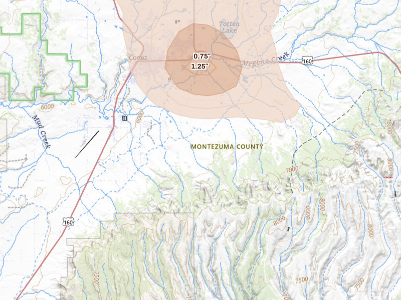 Radar-estimated hail-size map of the storm over Cortez, CO on Jul 21, 2026