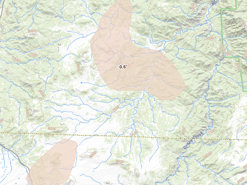 Radar-estimated hail-size map of the storm over Cotopaxi, CO on Jul 28, 2026