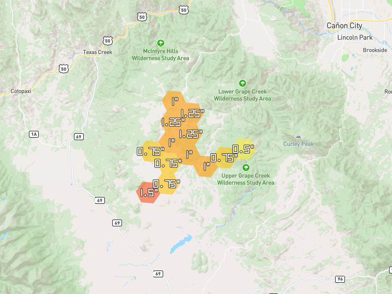 Hail map of Cotopaxi, CO on Jul 28, 2026, hail up to 1.5"