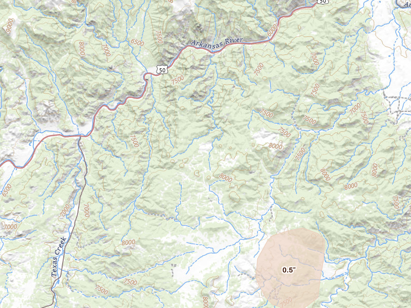 Radar-estimated hail-size map of the storm over Cotopaxi, CO on Aug 20, 2026