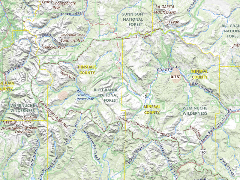 Radar-estimated hail-size map of the storm over Creede, CO on Jul 27, 2026