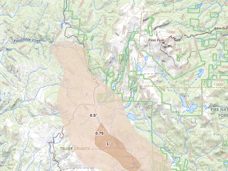 Radar-estimated hail-size map of the storm over Cripple Creek, CO on Jul 28, 2026