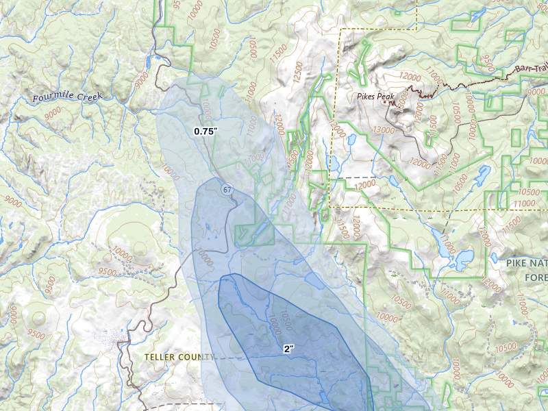 NEXRAD radar-signature map of the hail storm over Cripple Creek, CO on Jul 28, 2026
