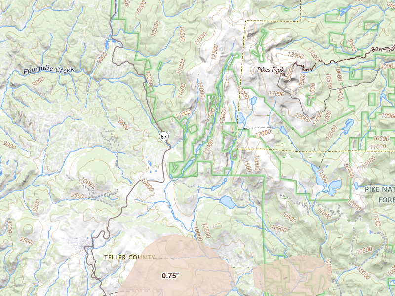 Radar-estimated hail-size map of the storm over Cripple Creek, CO on Jul 29, 2026
