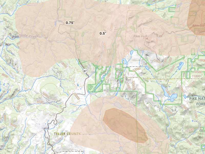 Radar-estimated hail-size map of the storm over Cripple Creek, CO on Aug 20, 2026