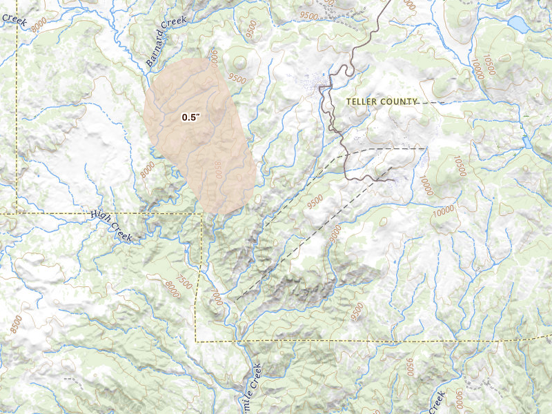 Radar-estimated hail-size map of the storm over Cripple Creek, CO on Aug 22, 2026