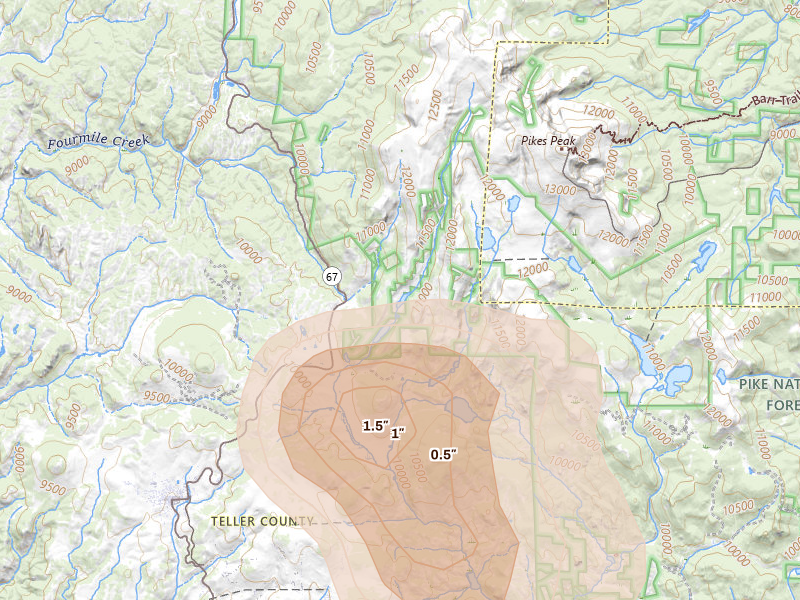 Radar-estimated hail-size map of the storm over Cripple Creek, CO on Aug 26, 2026