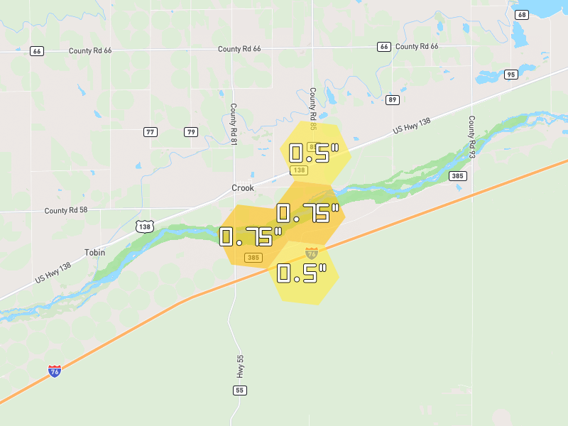 Hail map of Crook, CO on Jun 5, 2026, hail up to 0.75"
