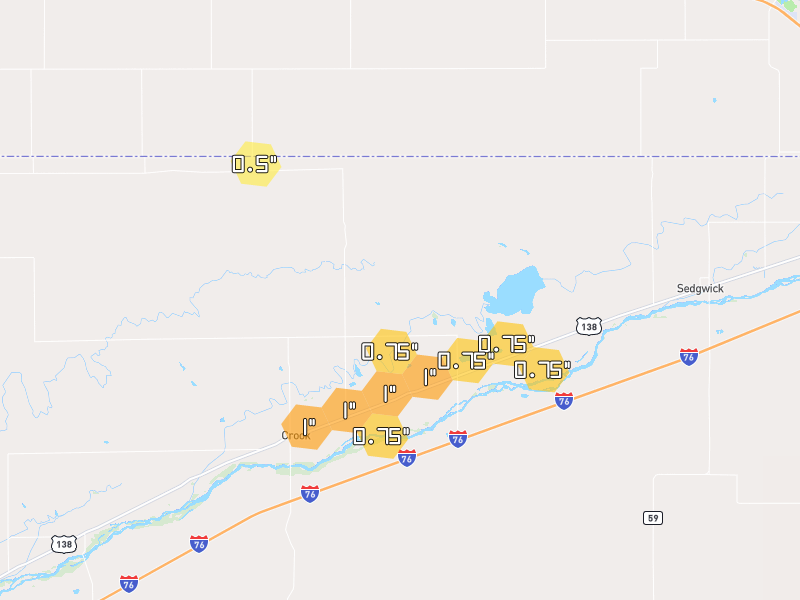 Hail map of Crook, CO on Jun 9, 2026, hail up to 1"