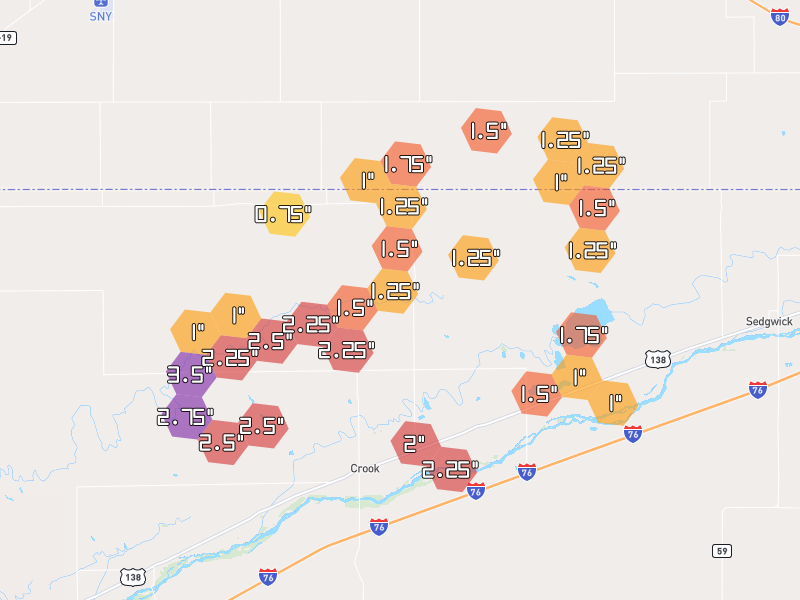 Hail map of Crook, CO on Jul 1, 2026, hail up to 3.5"