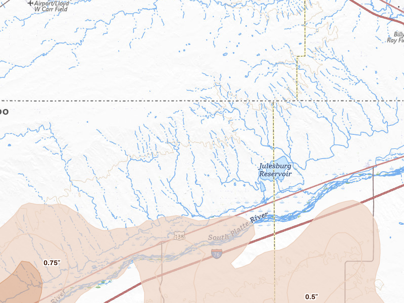 Radar-estimated hail-size map of the storm over Crook, CO on Jul 2, 2026
