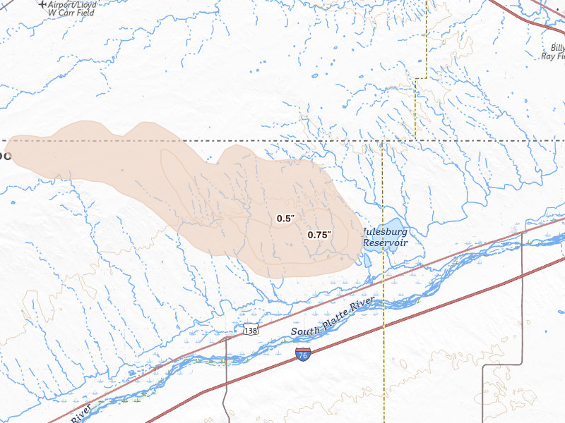 Radar-estimated hail-size map of the storm over Crook, CO on Jul 4, 2026