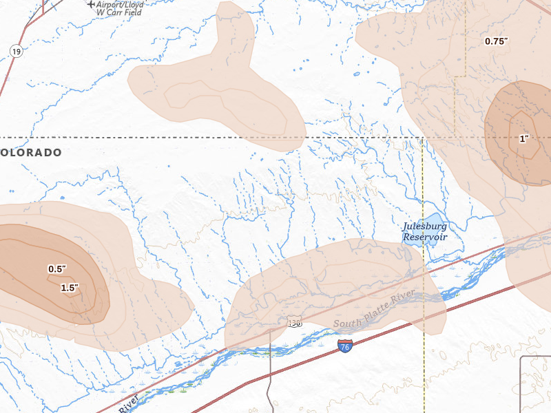 Radar-estimated hail-size map of the storm over Crook, CO on Aug 9, 2026