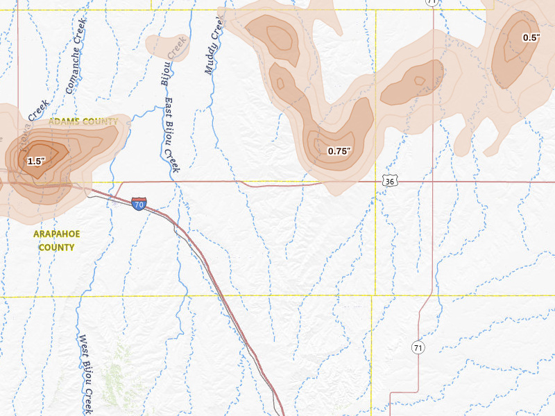 Radar-estimated hail-size map of the storm over Deer Trail, CO on Jun 1, 2026