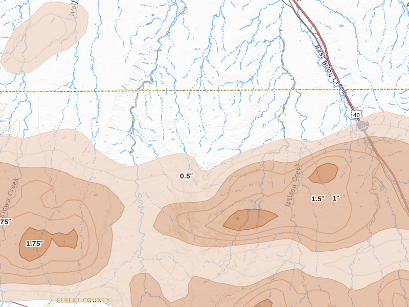 Radar-estimated hail-size map of the storm over Deer Trail, CO on Jun 8, 2026