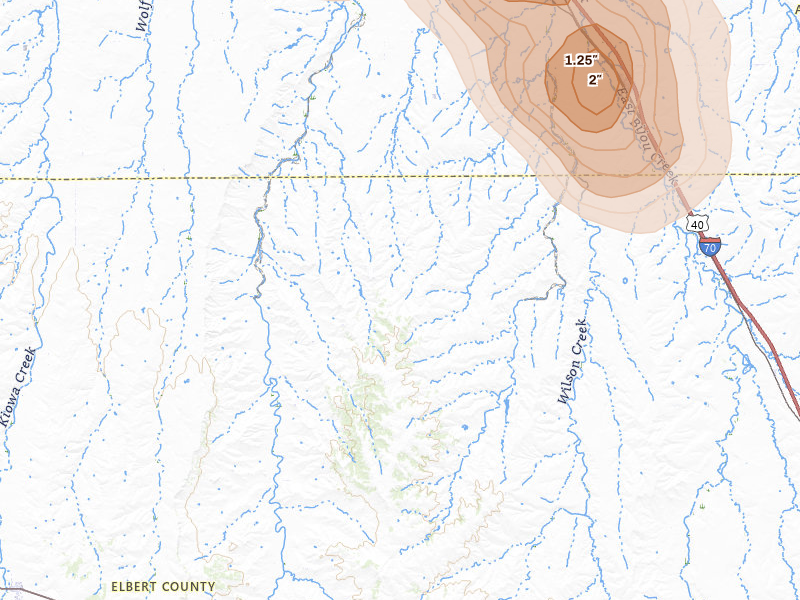 Radar-estimated hail-size map of the storm over Deer Trail, CO on Jun 24, 2026