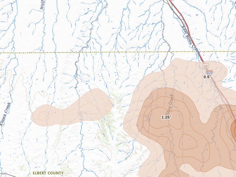 Radar-estimated hail-size map of the storm over Deer Trail, CO on Jul 3, 2026