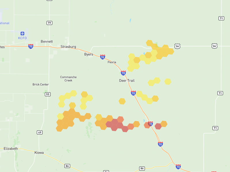 Hail map of Deer Trail, CO on Jul 4, 2026, hail up to 2.25"