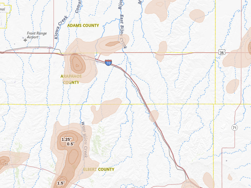 Radar-estimated hail-size map of the storm over Deer Trail, CO on Aug 14, 2026
