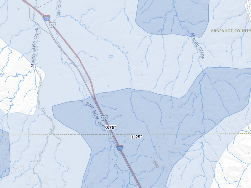 NEXRAD radar-signature map of the hail storm over Deer Trail, CO on Aug 14, 2026
