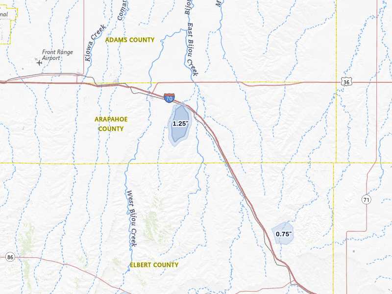 NEXRAD radar-signature map of the hail storm over Deer Trail, CO on Aug 15, 2026