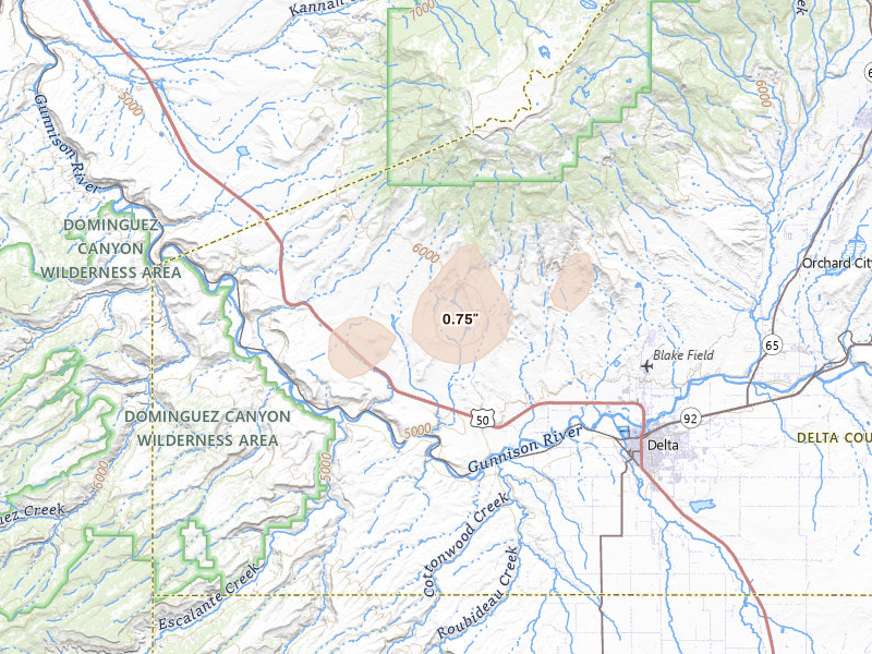 Radar-estimated hail-size map of the storm over Delta, CO on Aug 30, 2026