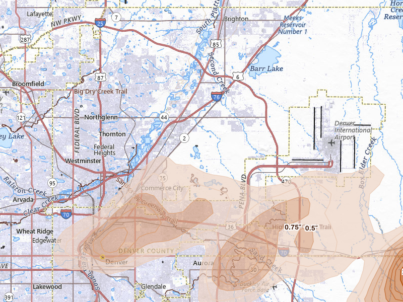 Radar-estimated hail-size map of the storm over Denver, CO on Jun 1, 2026