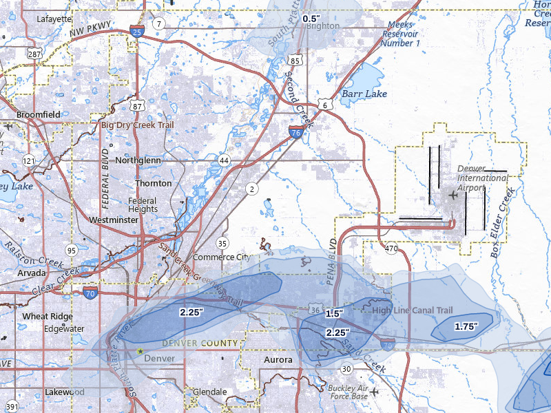 NEXRAD radar-signature map of the hail storm over Denver, CO on Jun 1, 2026