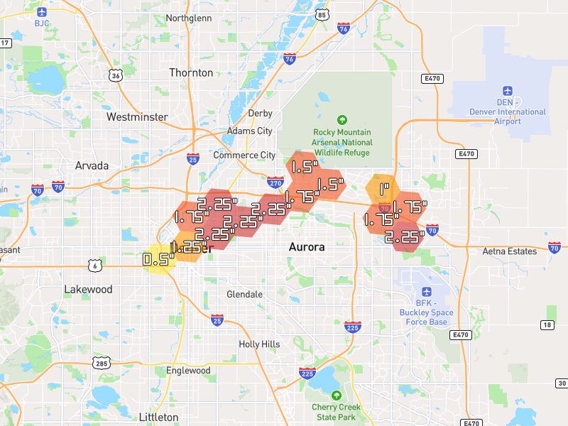 Hail map of Denver, CO on Jun 1, 2026, hail up to 2.25"