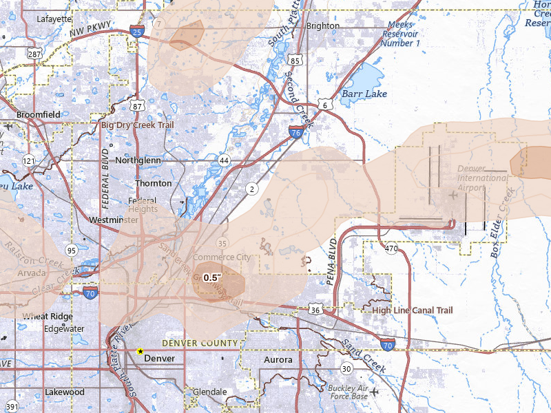 Radar-estimated hail-size map of the storm over Denver, CO on Jun 8, 2026