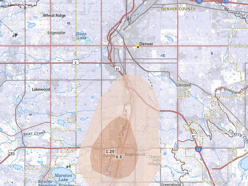 Radar-estimated hail-size map of the storm over Denver, CO on Aug 14, 2026