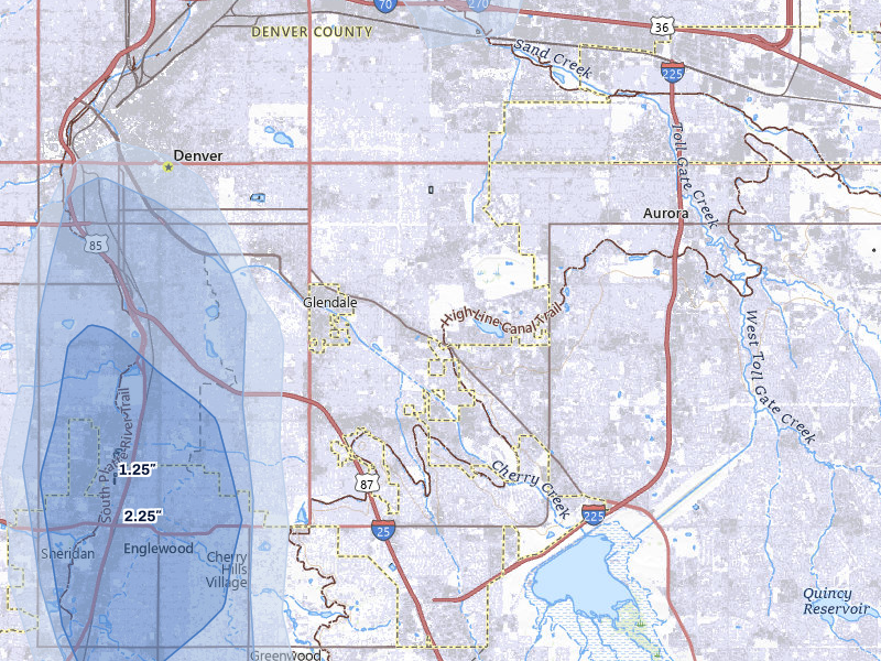 NEXRAD radar-signature map of the hail storm over Denver, CO on Aug 14, 2026