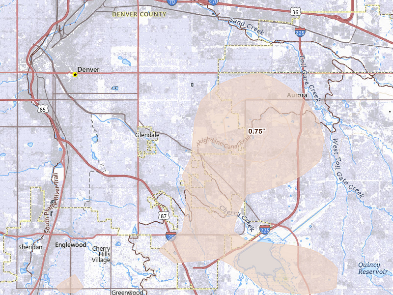 Radar-estimated hail-size map of the storm over Denver, CO on Aug 15, 2026
