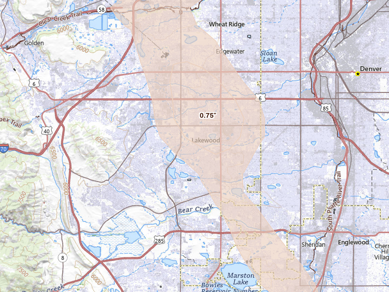 Radar-estimated hail-size map of the storm over Denver, CO on Aug 26, 2026