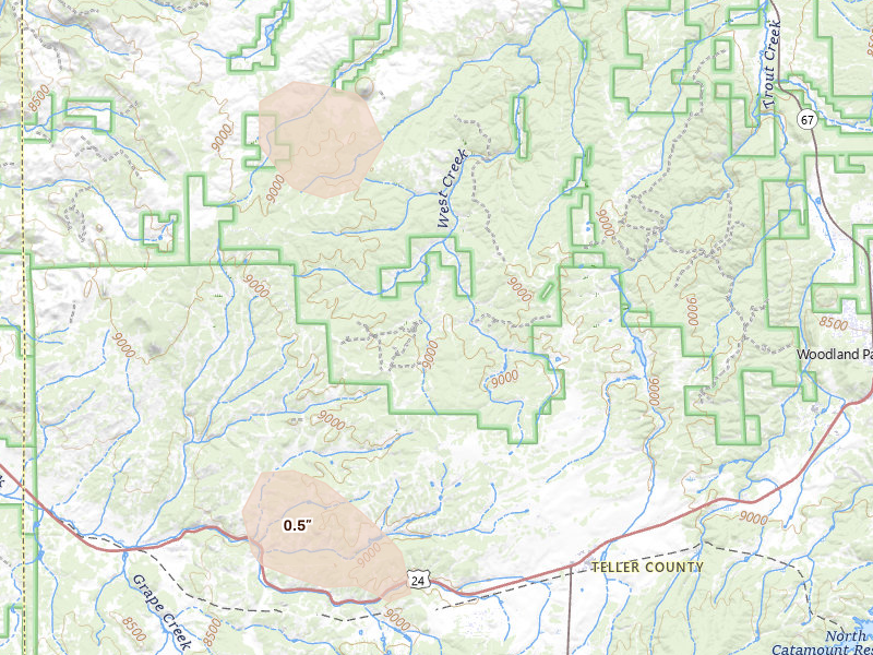 Radar-estimated hail-size map of the storm over Divide, CO on Jul 13, 2026