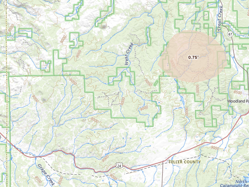 Radar-estimated hail-size map of the storm over Divide, CO on Jul 28, 2026