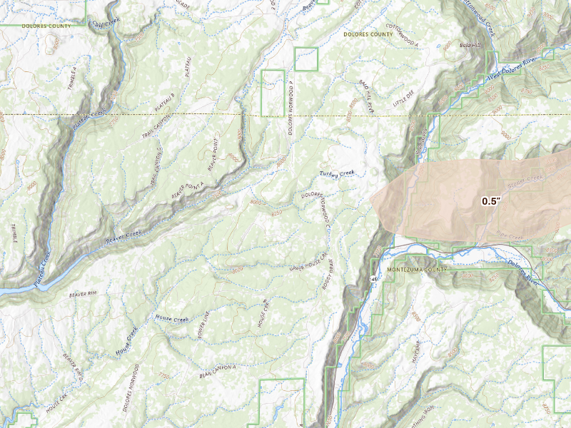 Radar-estimated hail-size map of the storm over Dolores, CO on Sep 14, 2026