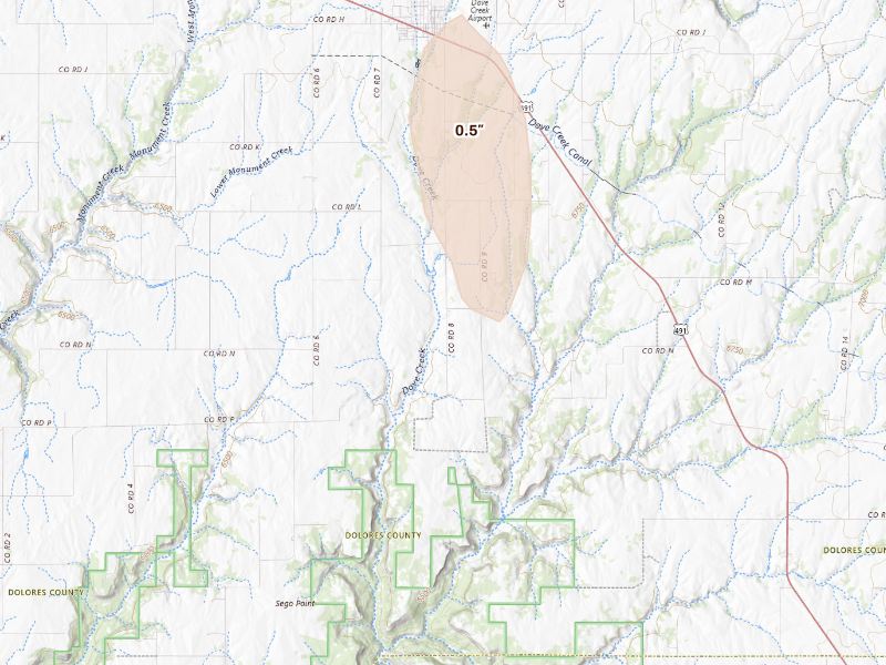 Radar-estimated hail-size map of the storm over Dove Creek, CO on Sep 16, 2026