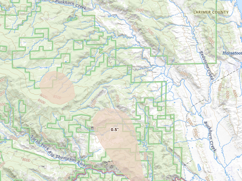 Radar-estimated hail-size map of the storm over Drake, CO on Jul 23, 2026