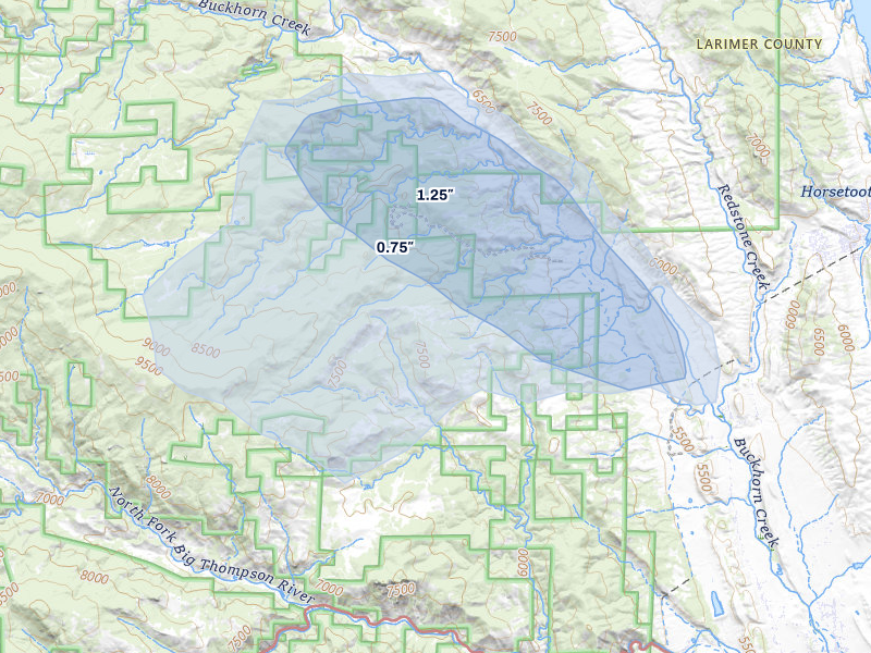 NEXRAD radar-signature map of the hail over Drake, CO