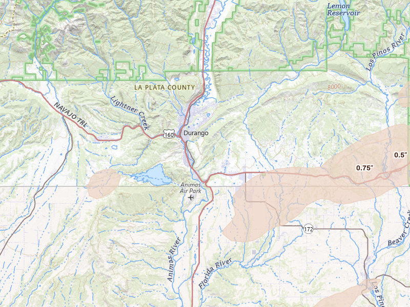 Radar-estimated hail-size map of the storm over Durango, CO on Jun 26, 2026