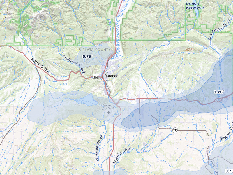 NEXRAD radar-signature map of the hail storm over Durango, CO on Jun 26, 2026