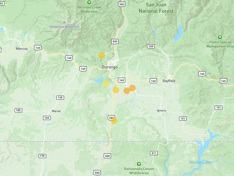 Hail map of Durango, CO on Jun 26, 2026, hail up to 1.25"